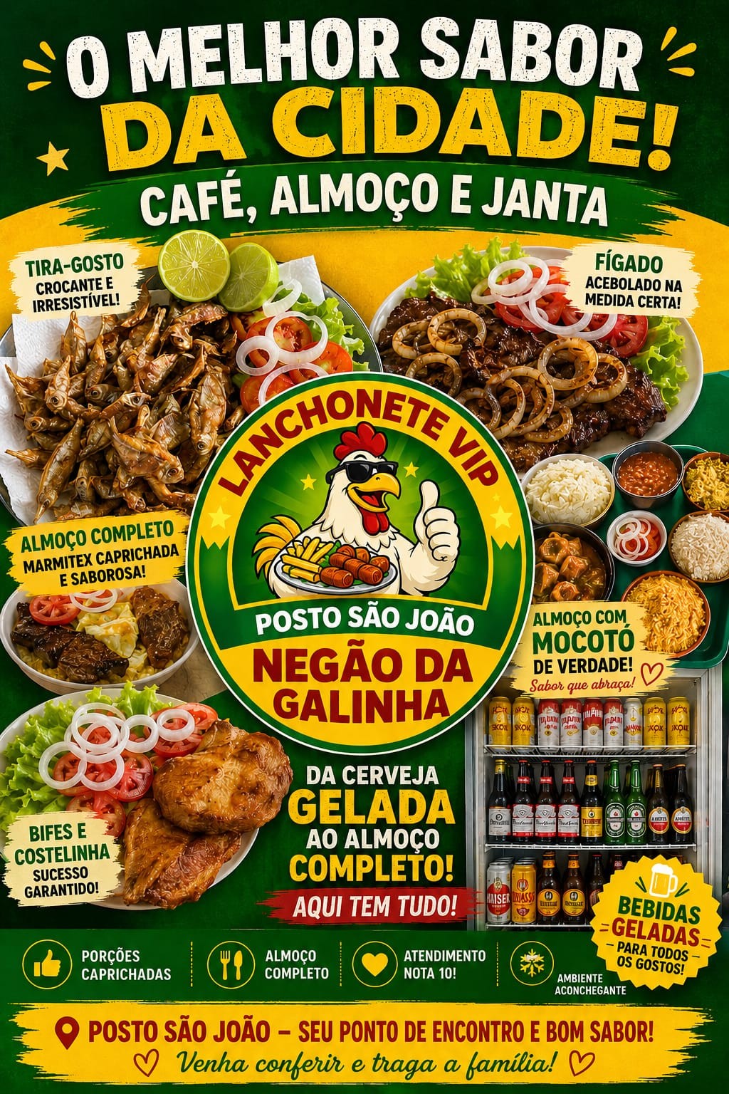 Cardápio do Negão da Galinha com café, almoço, jantar e tira-gostos