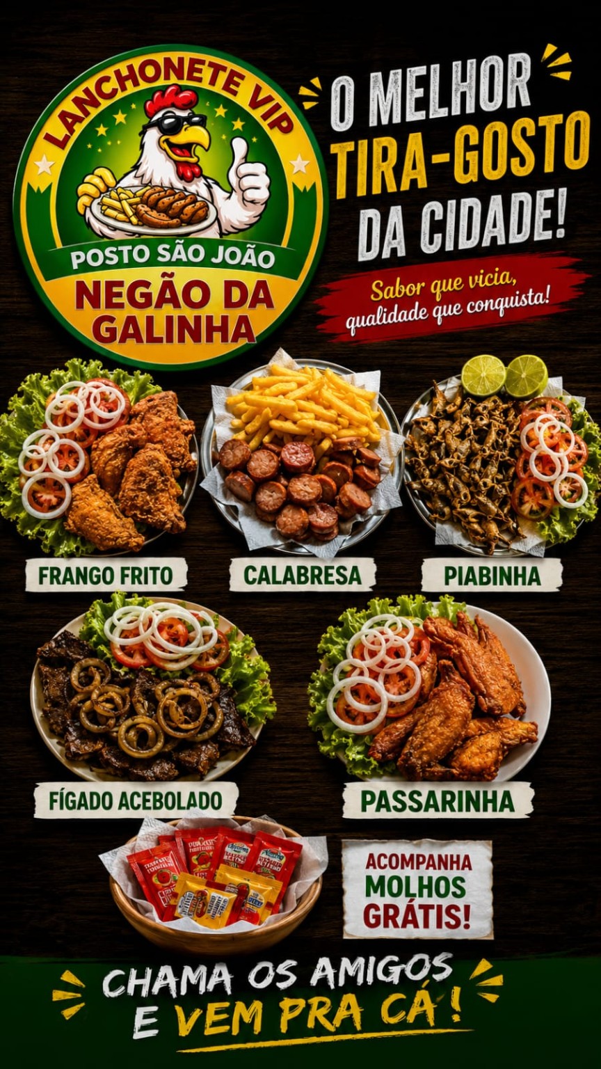 Tira-gostos do Negão da Galinha, incluindo frango, calabresa e fígado acebolado